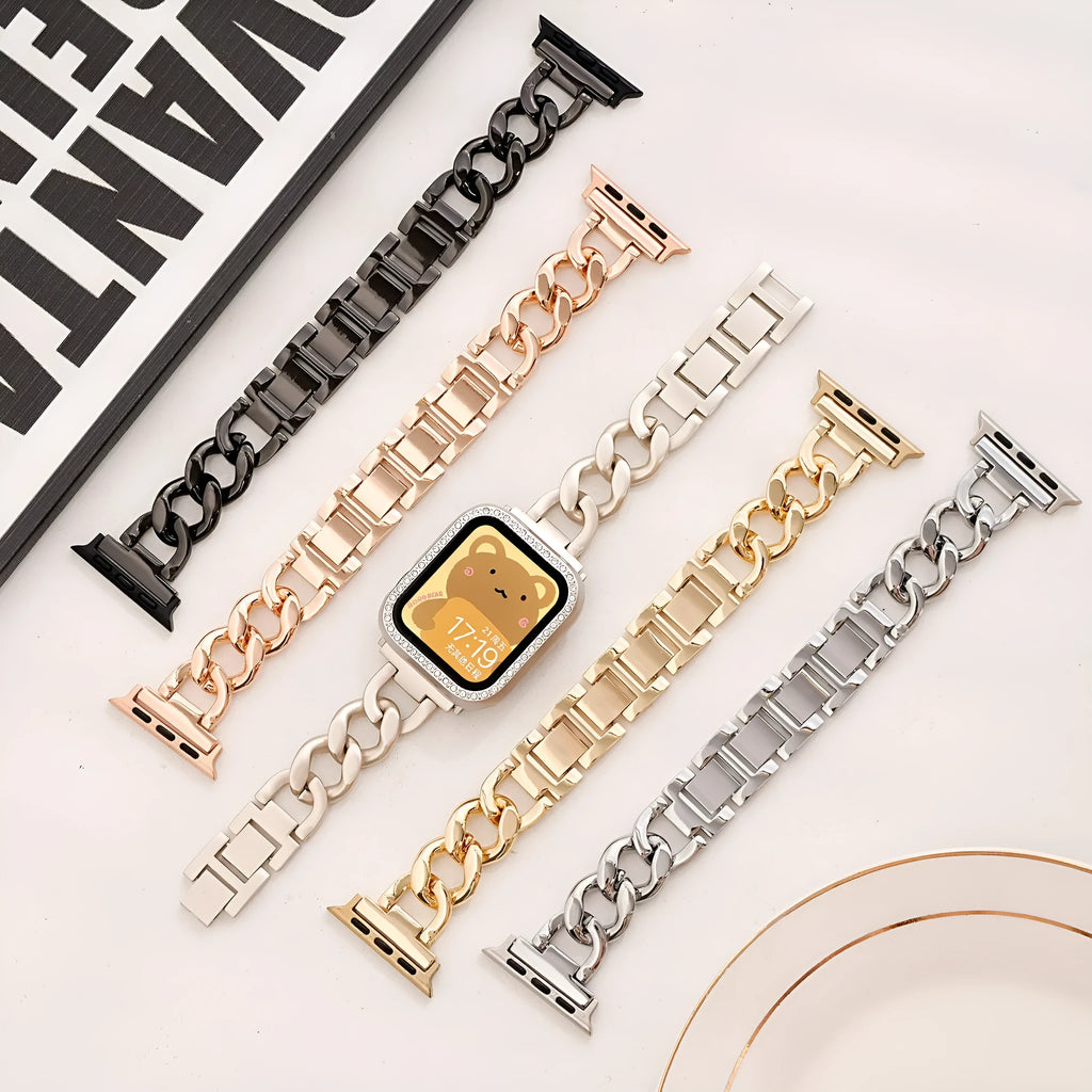 Metallic denim chain watch strap for Apple Watch in silver, black, gold, rose gold and Starlight colour options