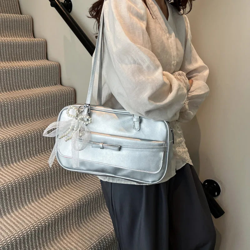 PU leather single-shoulder flap bag in horizontal square shape with double joint straps