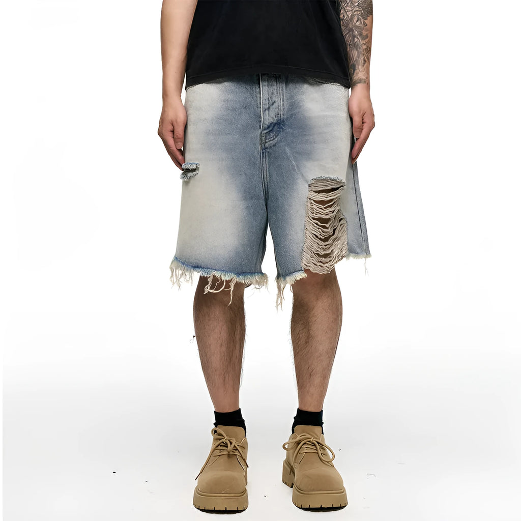 Light blue retro washed denim shorts with wide leg baggy cut and fifth pants length