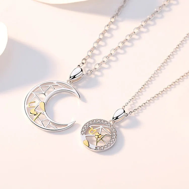 Sun and moon copper couple necklace set with electroplated finish on cross chain