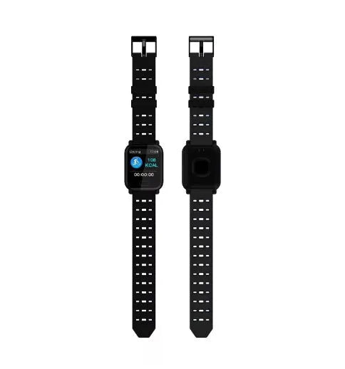 A6 smart fitness bracelet with colour screen shown on a wrist, available with black, blue, or orange silicone strap.