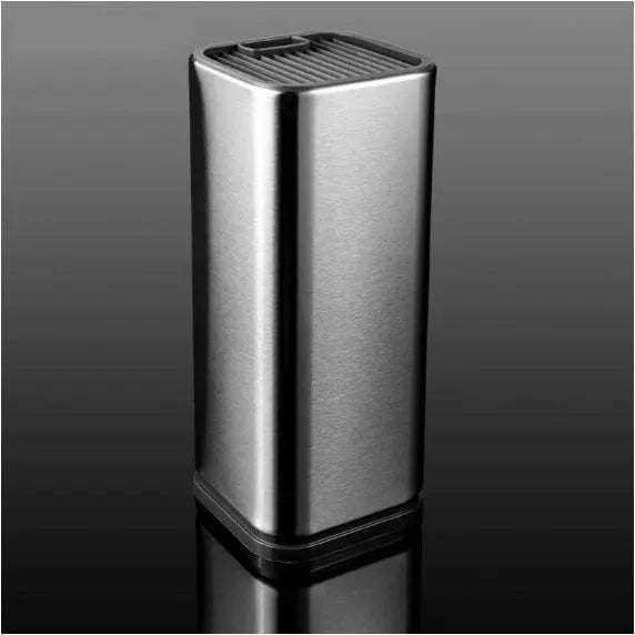 Stainless steel kitchen knife holder with storage bucket and detachable draining base in black and white.
