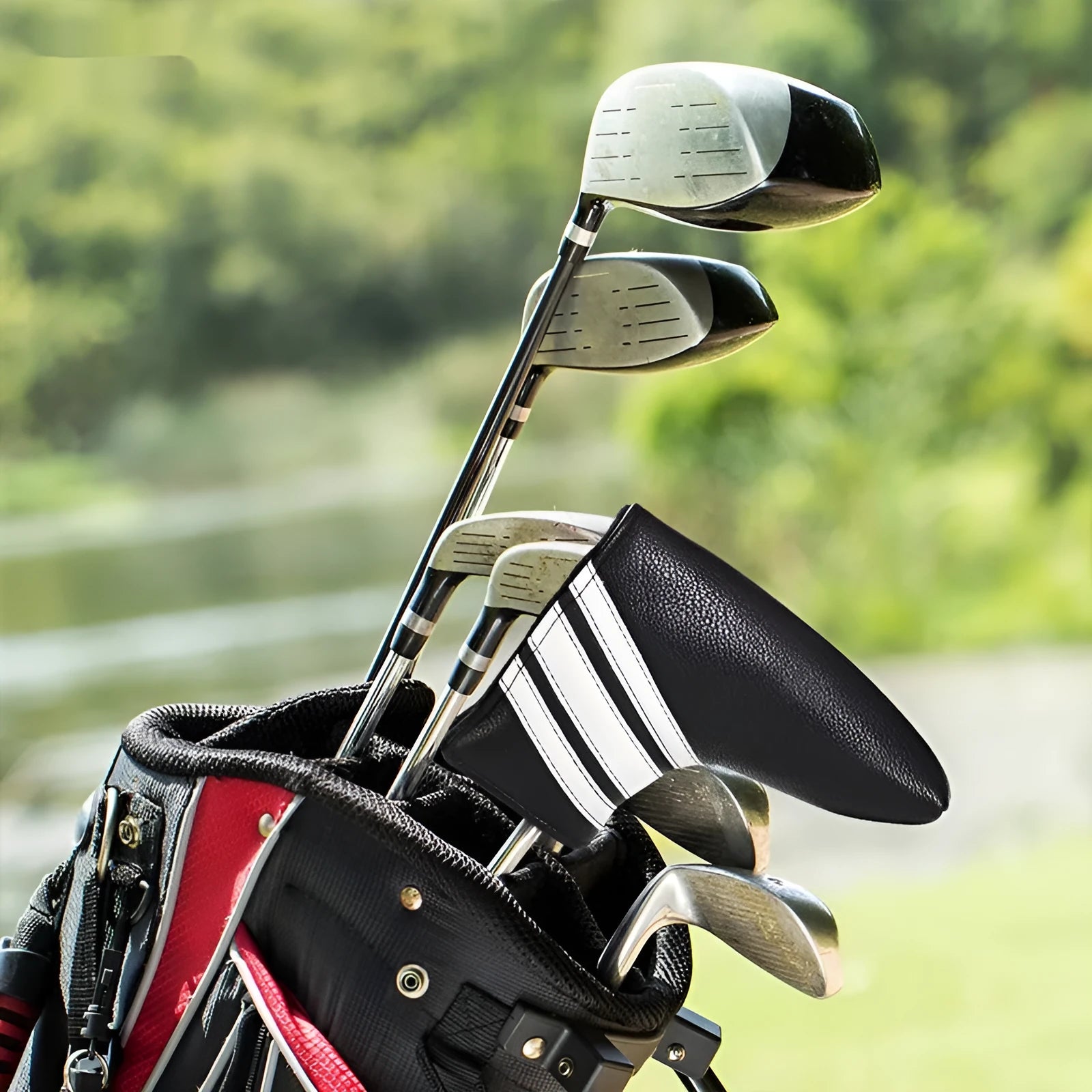 Black PU leather golf club head cover for putter and push rod protection