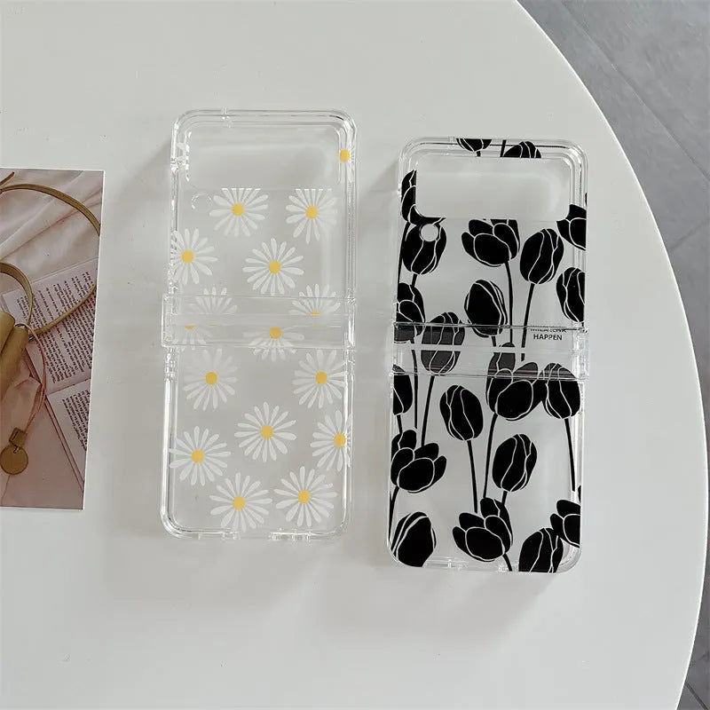 Samsung Galaxy Z Flip phone case with flower design on transparent hard shell