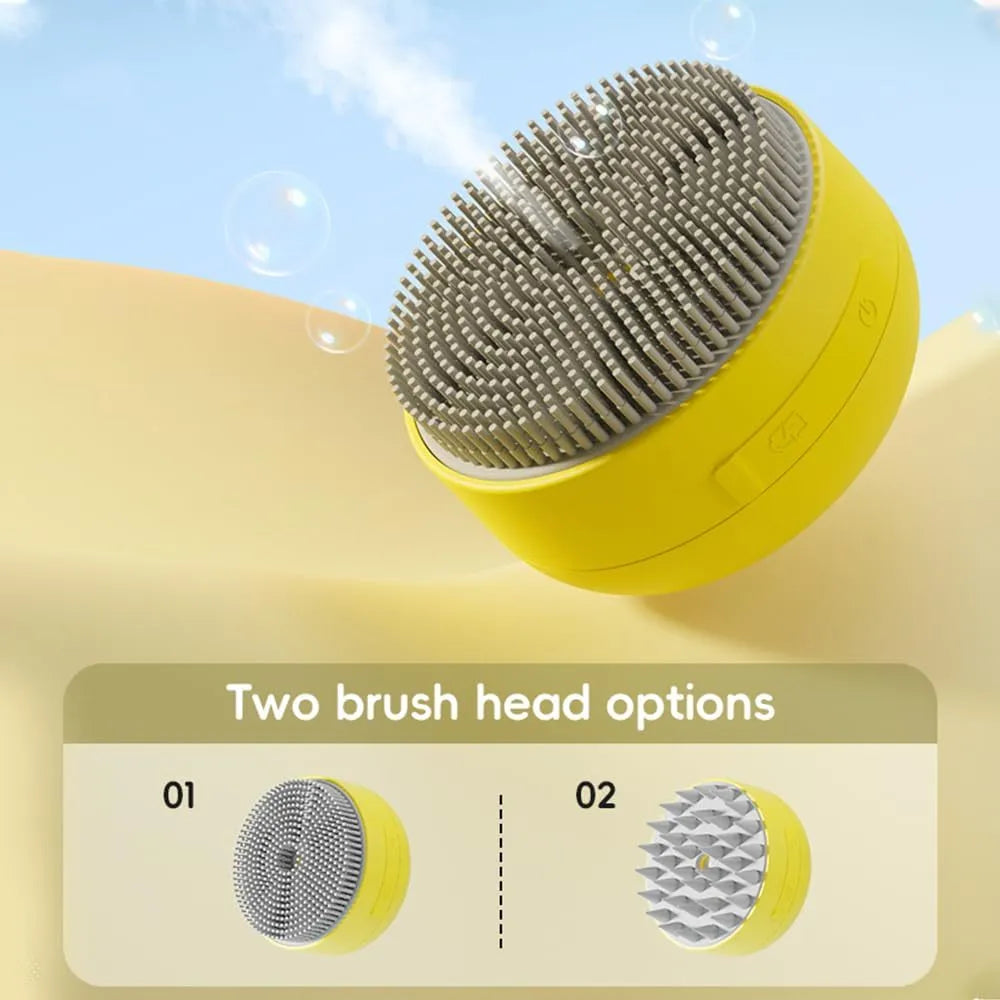 Green and yellow rechargeable silicone steam brush for grooming cats and dogs on a white background.