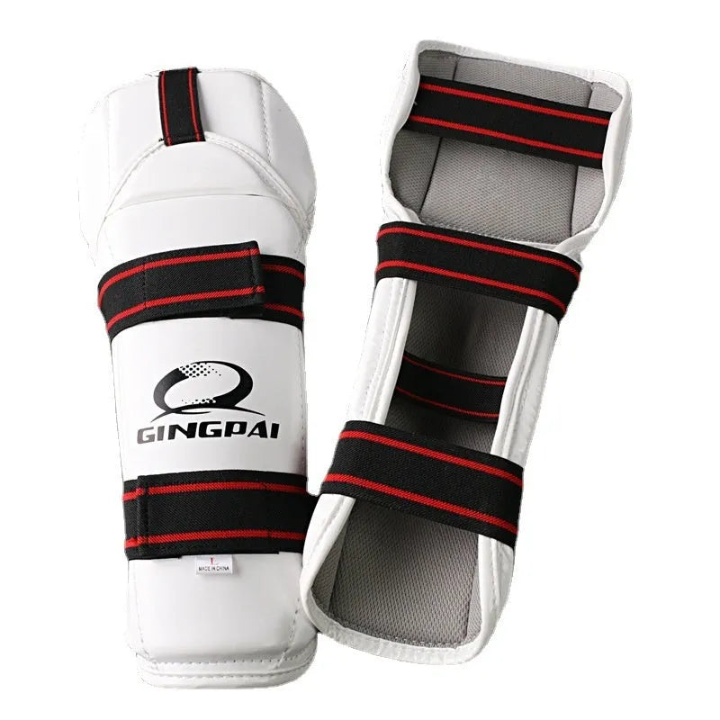 Taekwondo protective gear set showing leg protectors and arm guards in PU EVA foam material