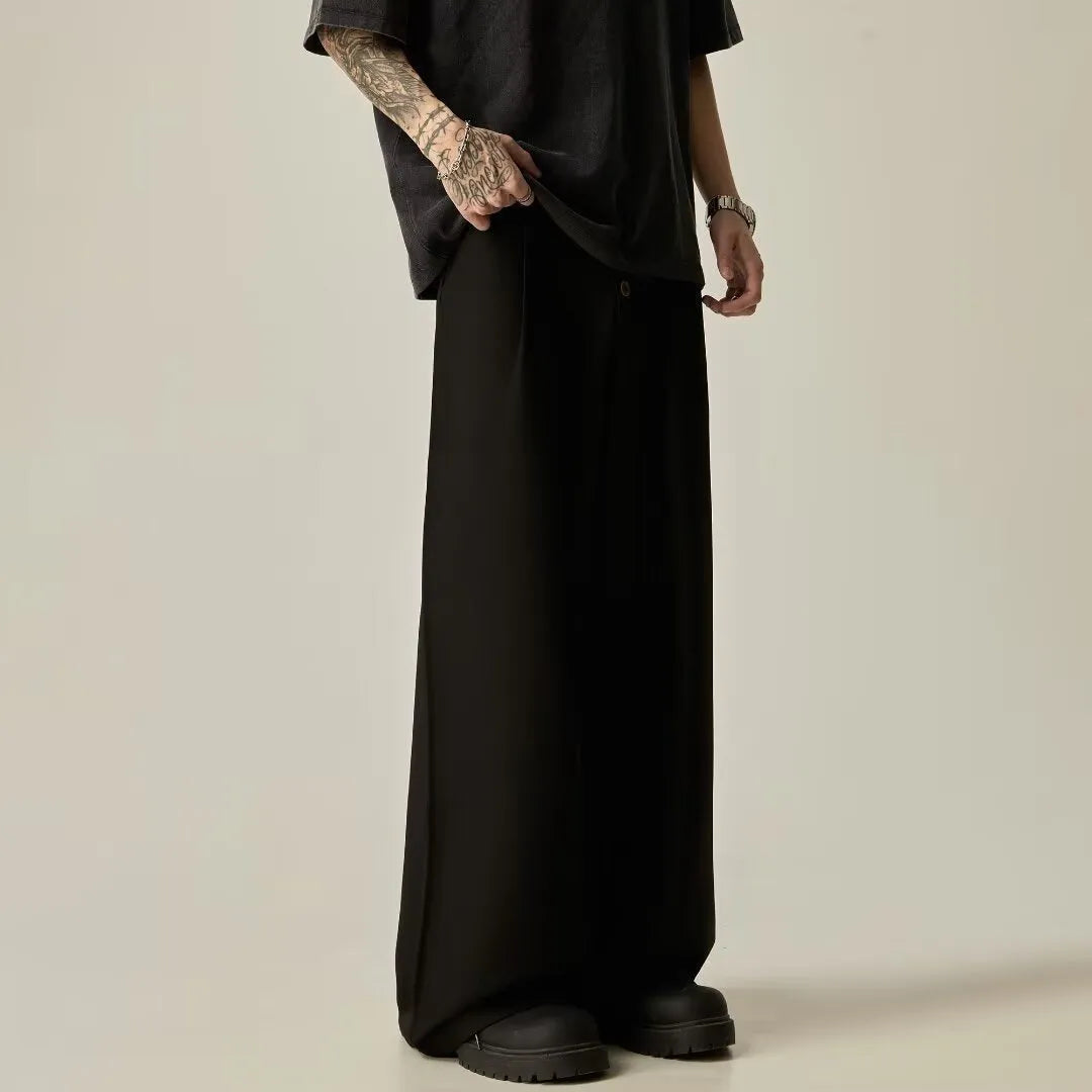 Men's black wide-leg casual trousers with straight-leg design and mid waist