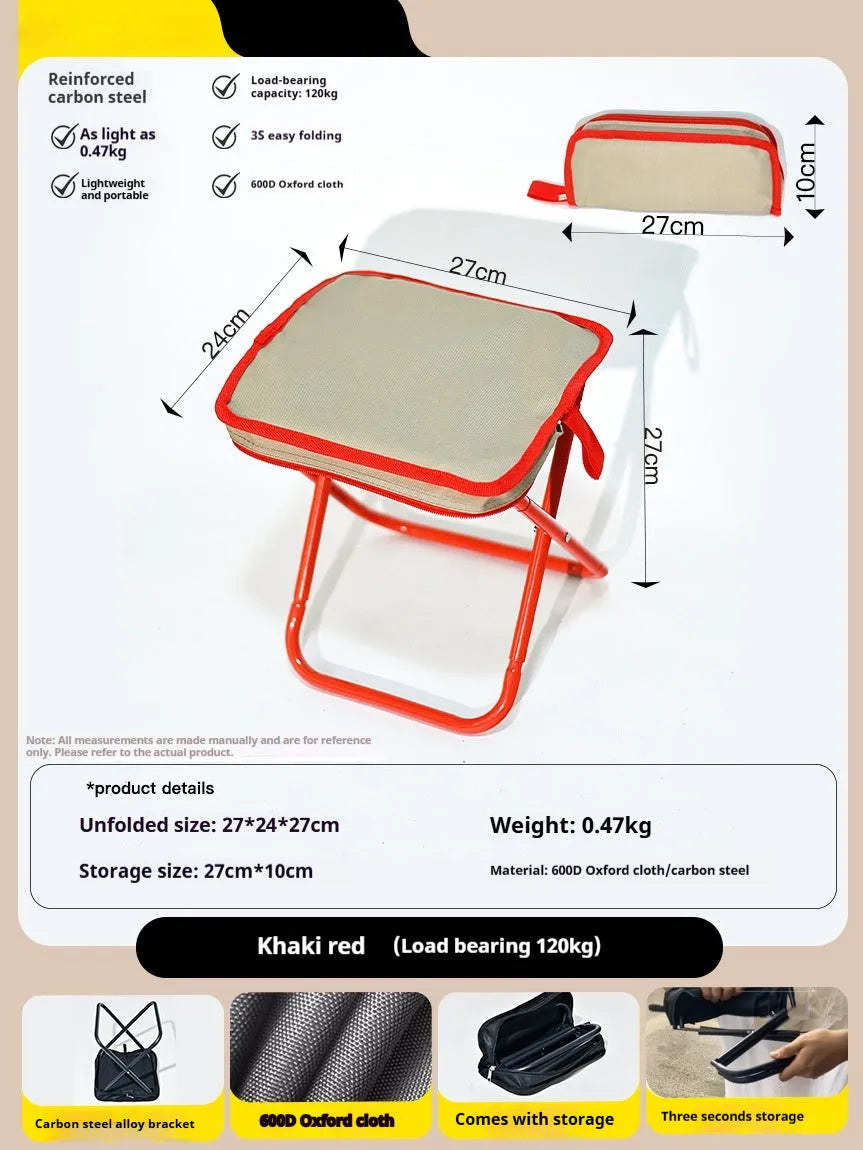 Lightweight foldable camp chair stool in khaki colour, shown both set up and folded into its compact pencil box carry case.