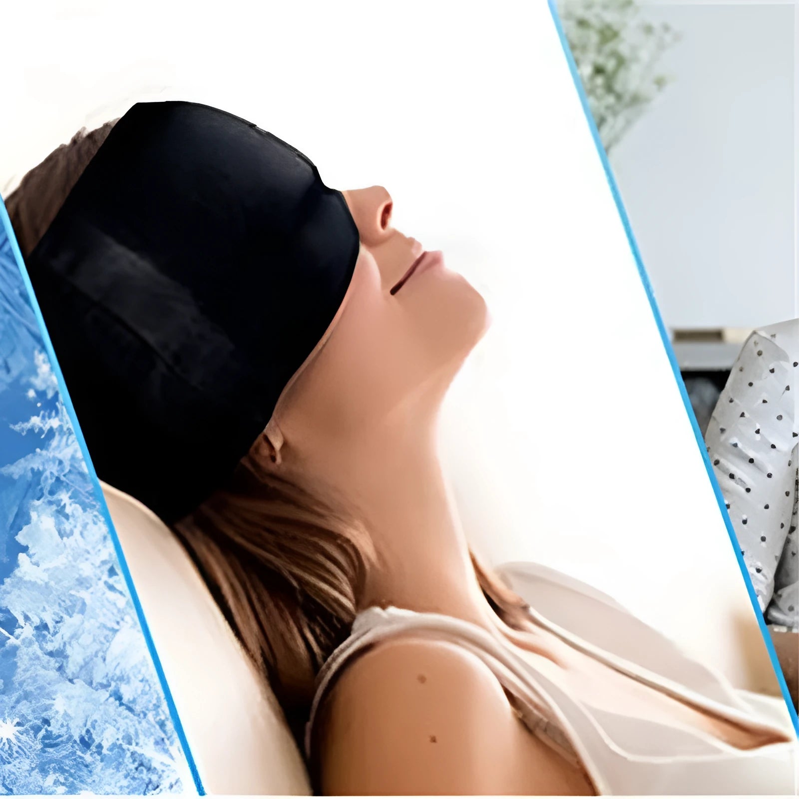 Black elastic cloth gel eye mask for cooling headache relief on adjustable headband