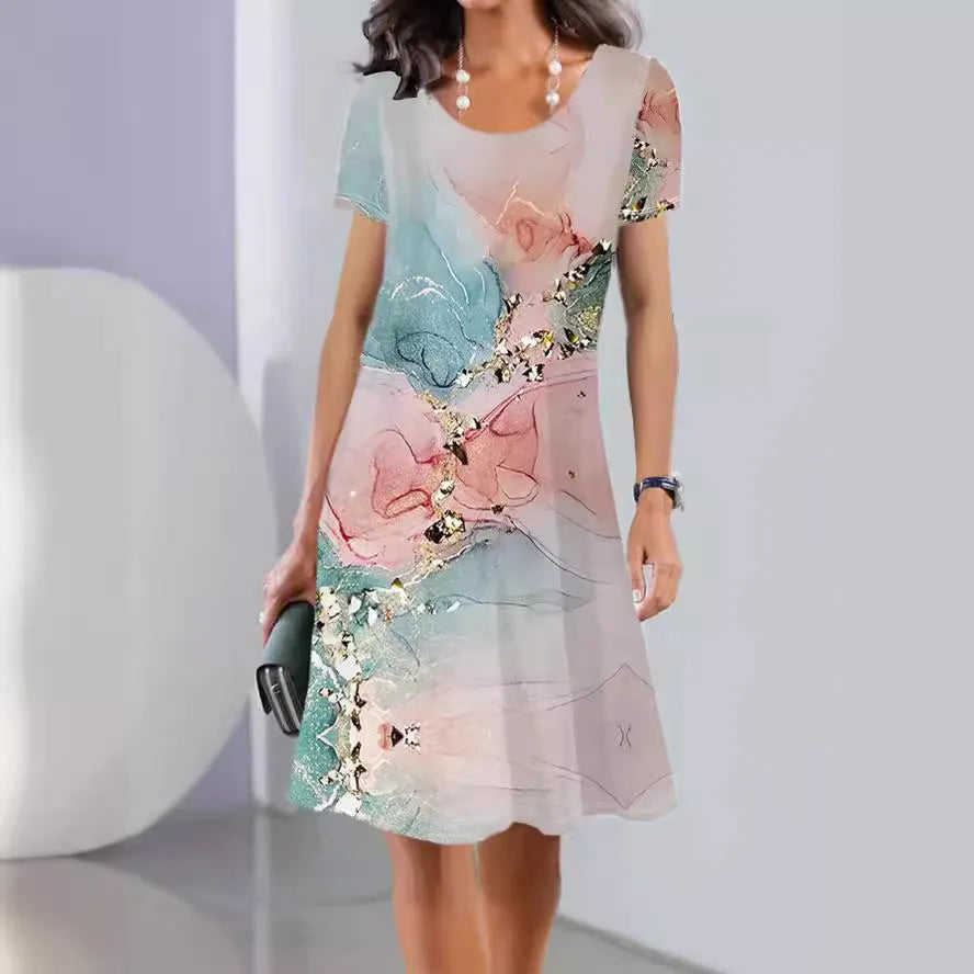 Women's ice silk floral print A-line summer dress with short sleeves and round neck.