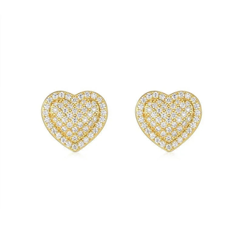 S925 silver moissanite heart stud earrings with gold finish, simple design