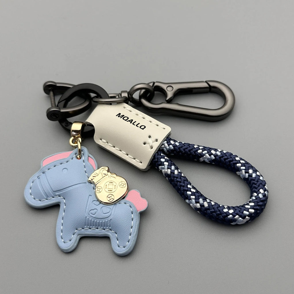 Cowhide car key ring pendant with zinc alloy pony belt buckle on flanelle rope in various colour options