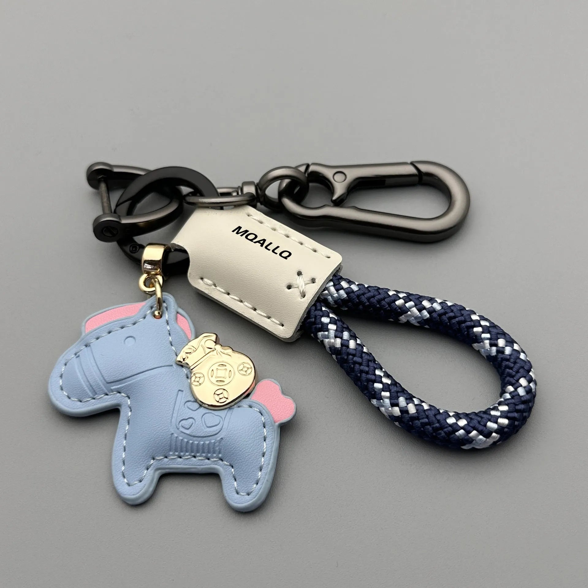 Cowhide car key ring pendant with zinc alloy pony belt buckle on flanelle rope in various colour options