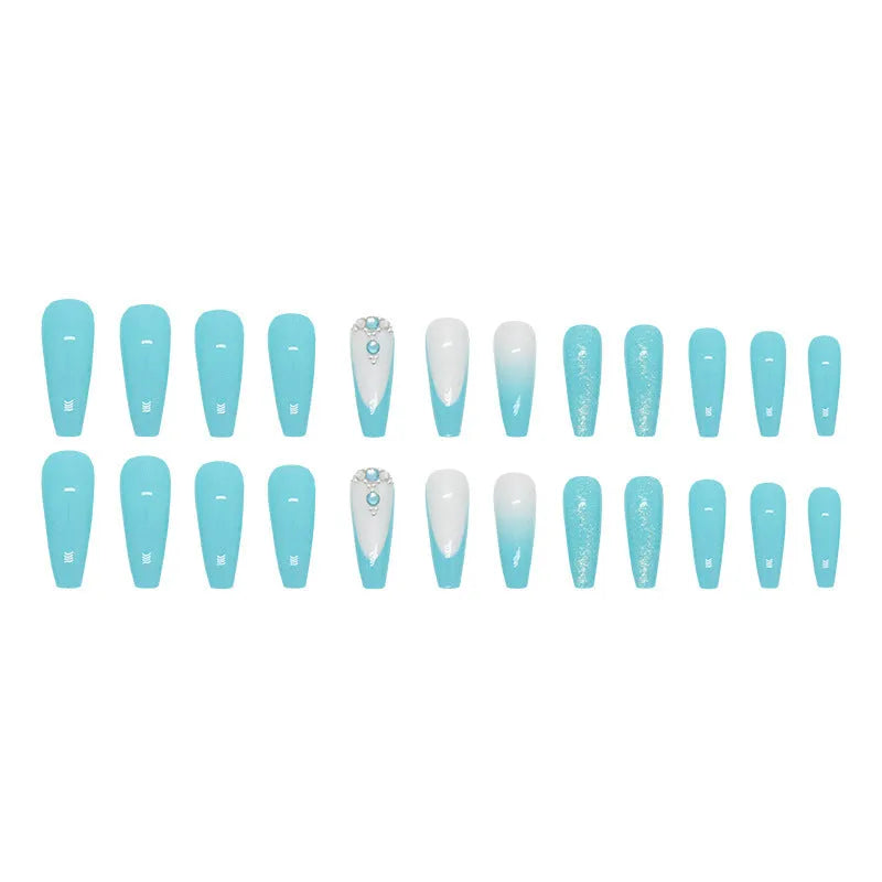 Smart blue diamond false nails with ballet shape and adhesive glue
