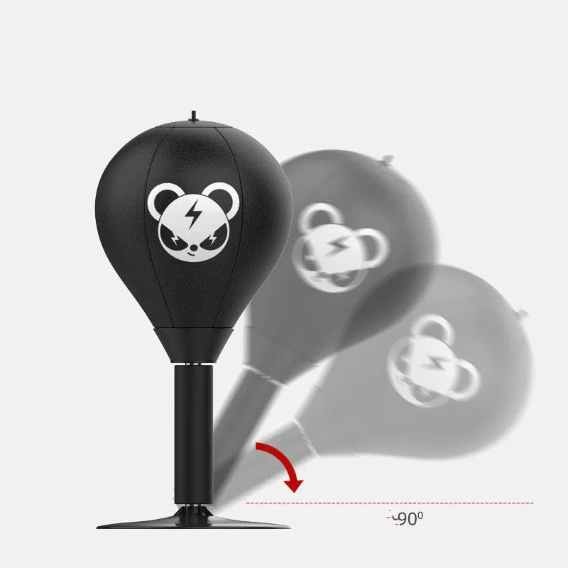 Tabletop boxing speed ball with suction cup base, inflatable PU leather ball, pump, and optional gloves on a desk.