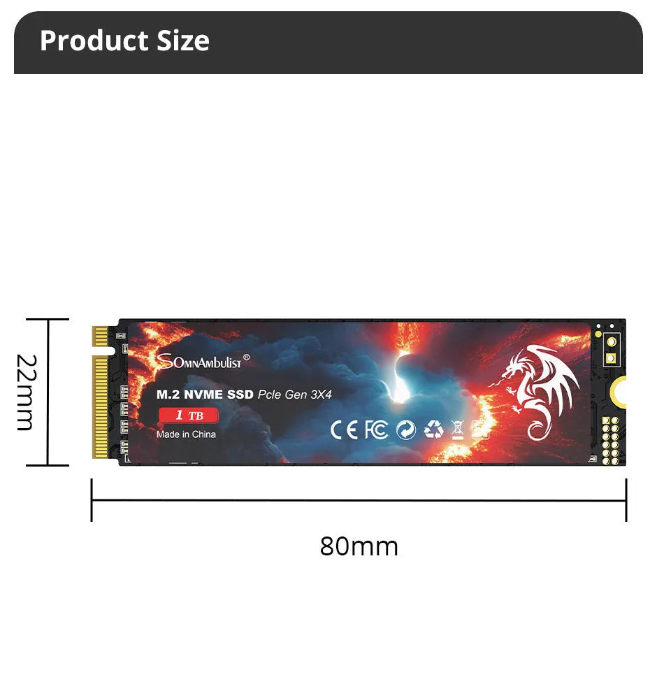 M2 solid state drive for desktop computers with USB 3.0 interface showing compact 80mm by 22mm dimensions