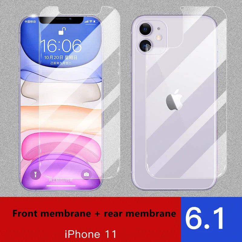 Apple iPhone tempered glass screen protector film for front and rear protection.