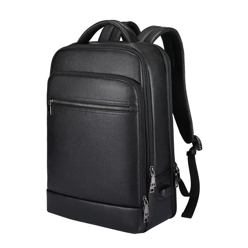 Black leather men's business computer backpack with sewing line detailing and curved shoulder straps