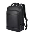 Black leather men's business computer backpack with sewing line detailing and curved shoulder straps