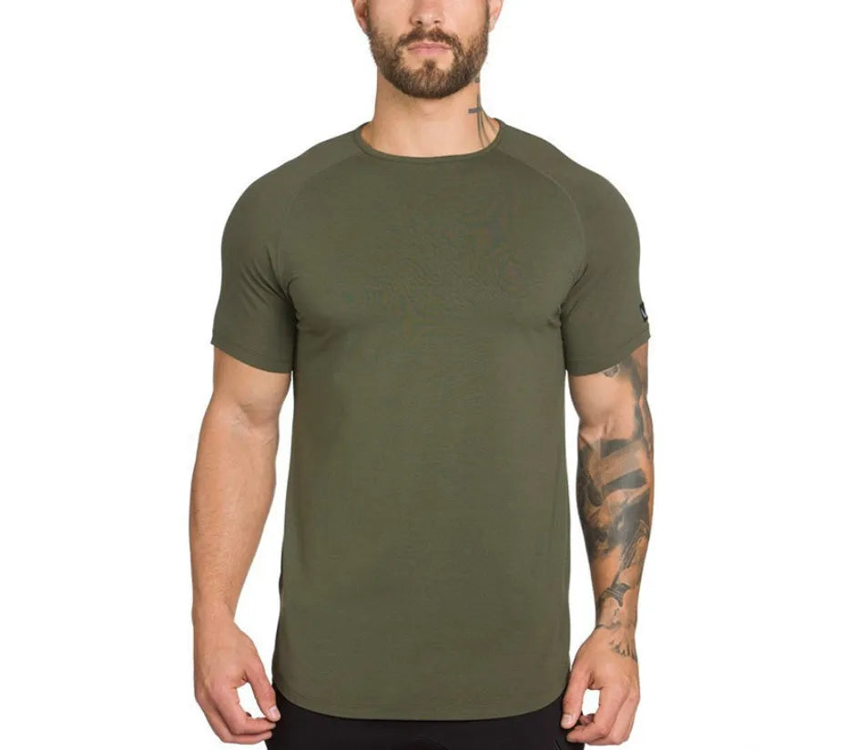 Men's army green gym shirt with custom letter print on chest, made from cotton and spandex blend fabric.