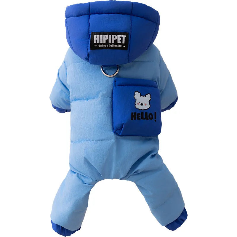 Blue padded dog snowsuit with hood, bear print pocket and metal leash ring for small dogs and cats