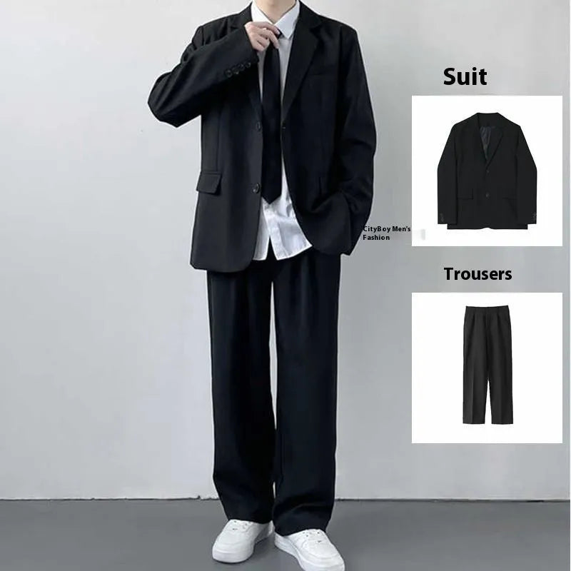 Plus size loose fit men's suit jacket and trousers set with white shirt and tie on a hanger