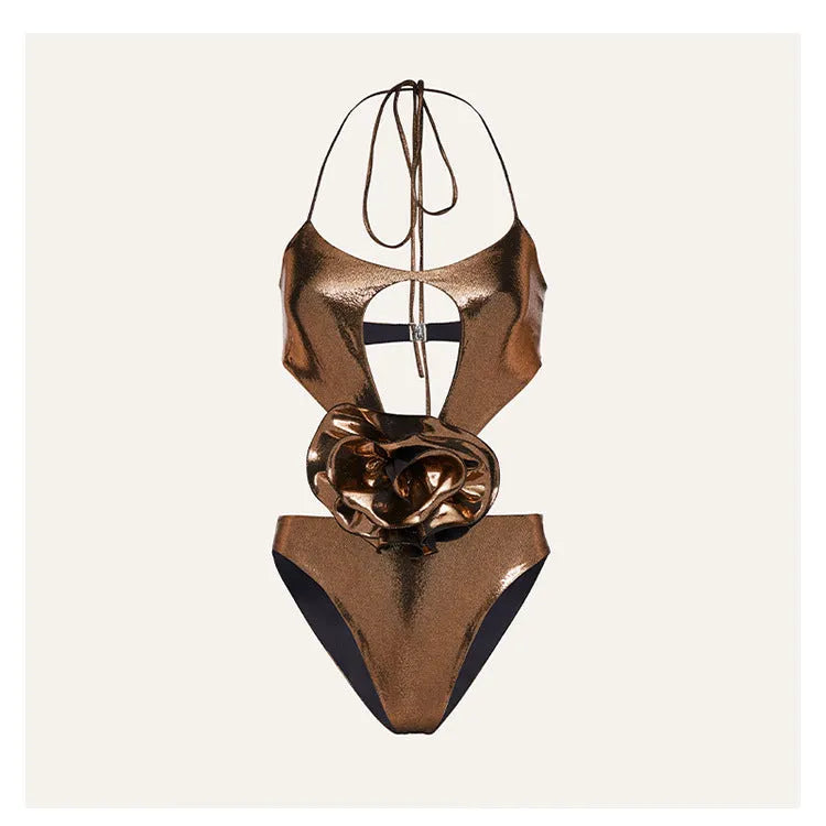 Gold handmade halter one-piece swimsuit with hollow-out detail on the front.