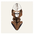 Gold handmade halter one-piece swimsuit with hollow-out detail on the front.