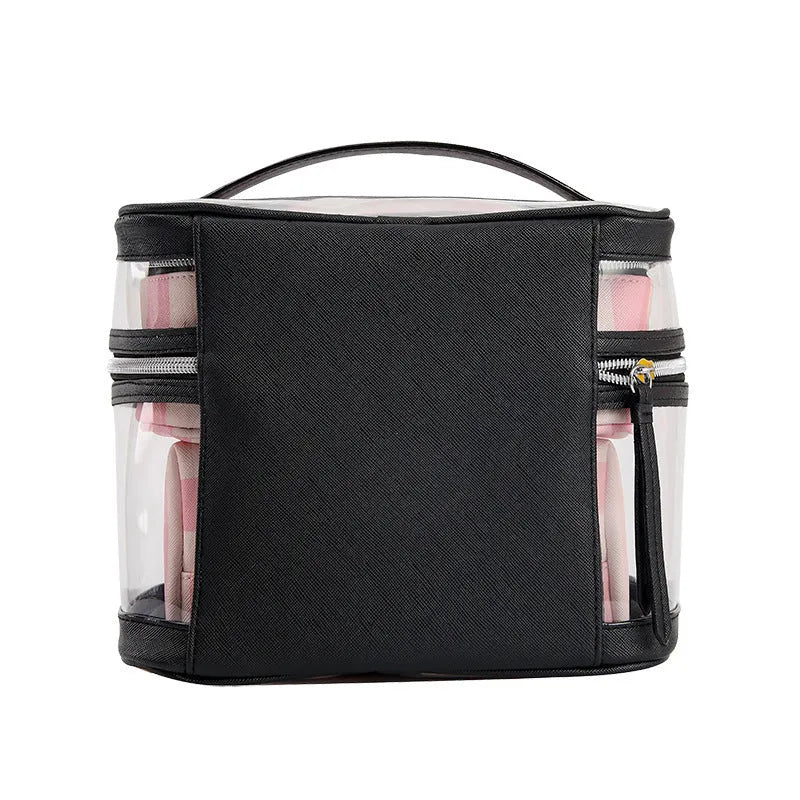 Professional pink striped makeup bag with floral pattern and folding design for cosmetic organisation