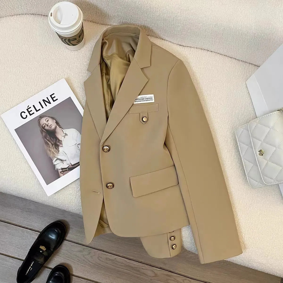 Women's black loose fit polyester suit coat with chest pocket for office wear