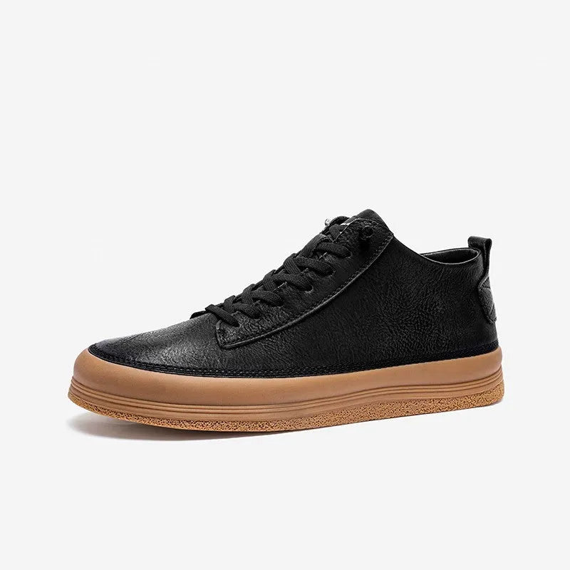 Men's black round-toe lace-up casual leather shoes with a flat rubber sole.