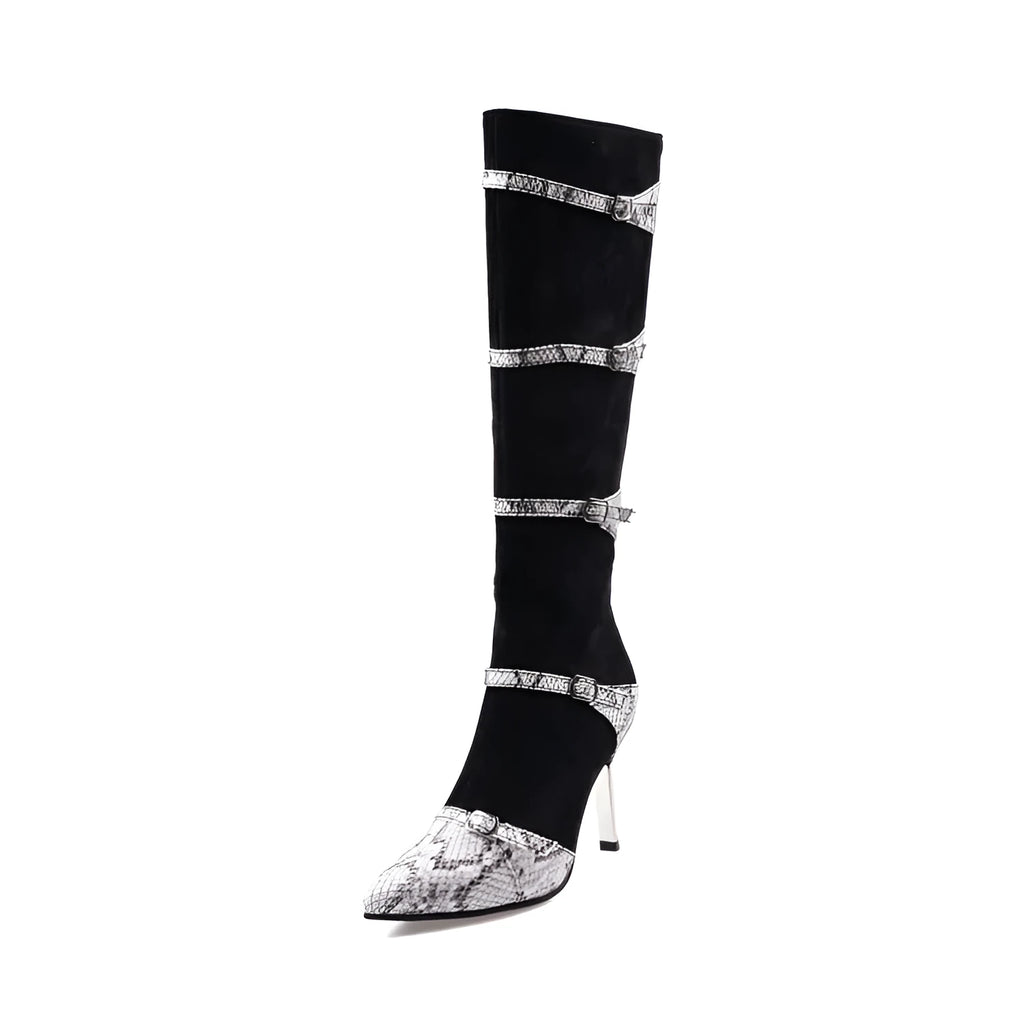 Grey and black women's knee high boots with a thin high heel and velvet lining.