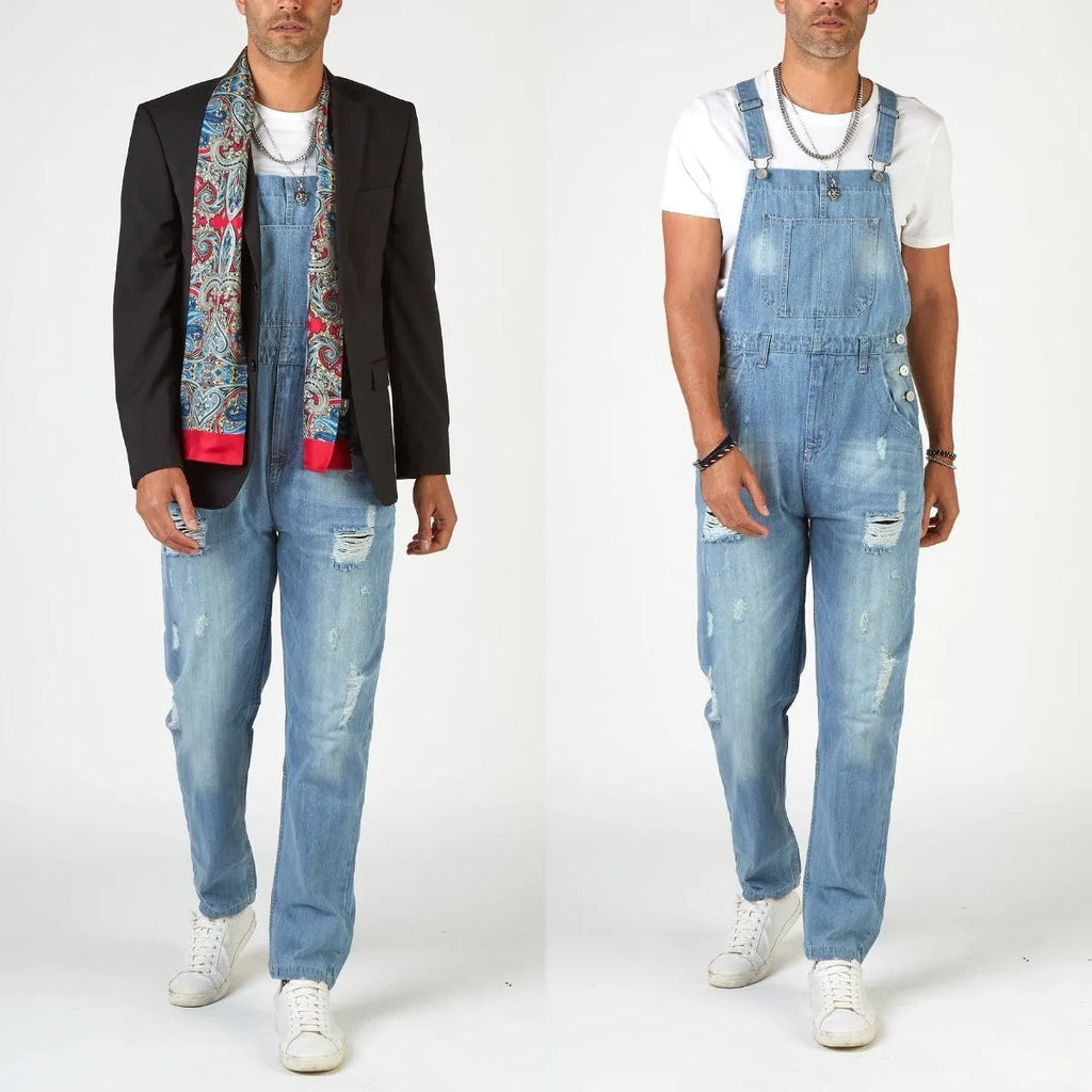 Light blue ripped denim suspender pants for men with high waist and straight legs