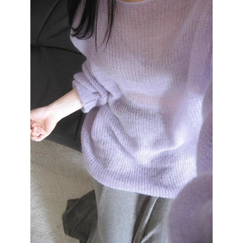 Purple women's ice silk blouse with round neck, princess sleeves, and a shoulder strap detail.
