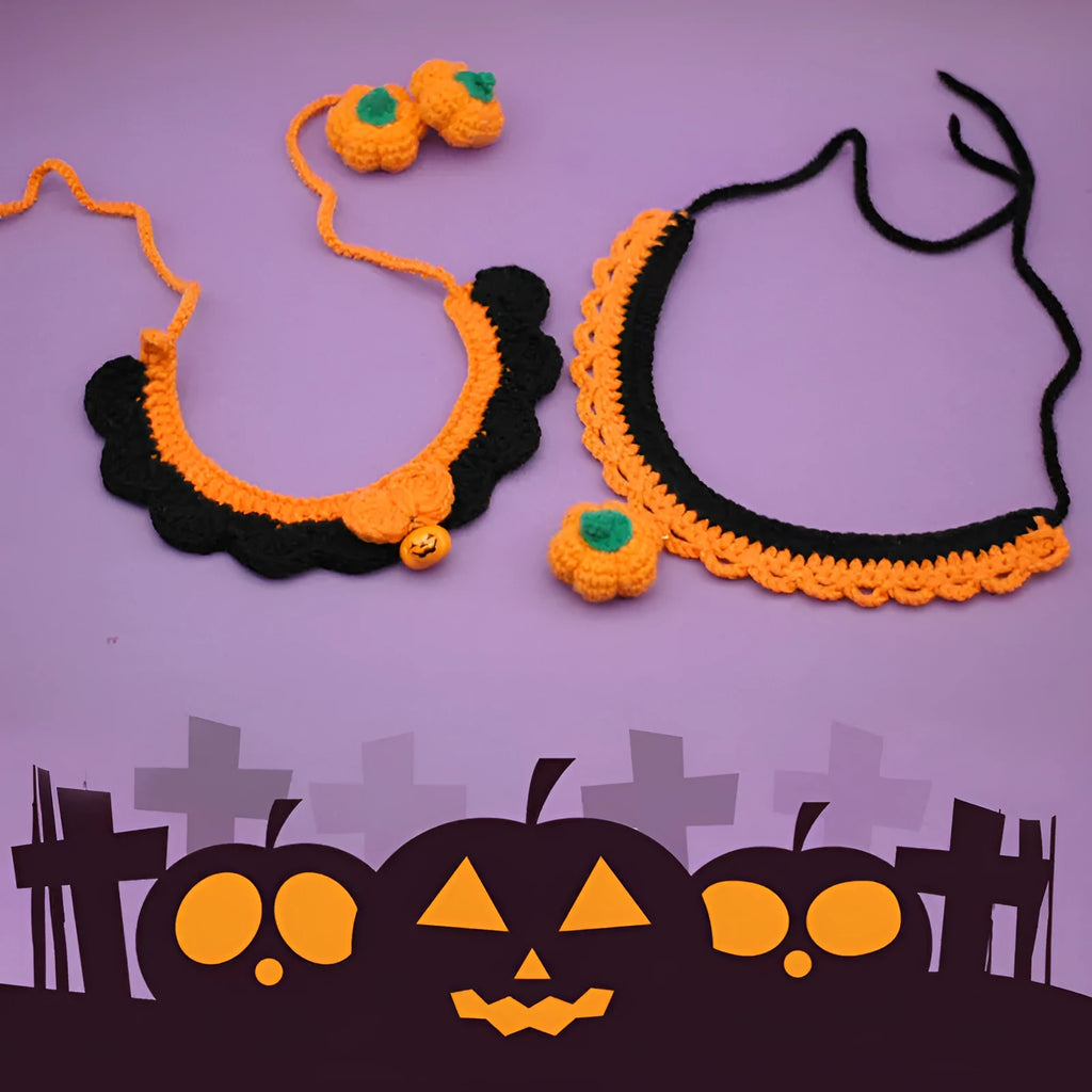 Hand-crocheted wool Halloween pet collar in pumpkin colours with adjustable sizing
