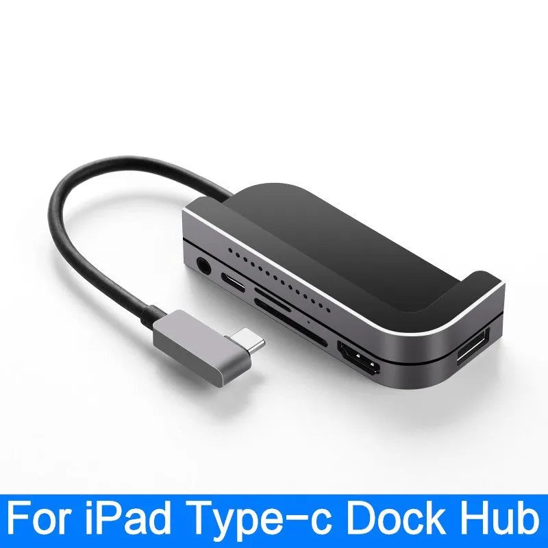 Silver aluminium grey 6-in-1 USB-C docking station for iPad Pro with HDMI and USB ports.