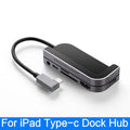 Silver aluminium grey 6-in-1 USB-C docking station for iPad Pro with HDMI and USB ports.