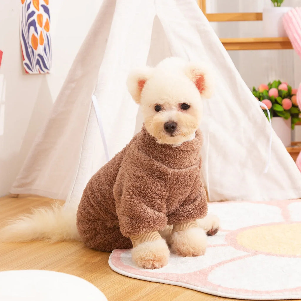 Four-legged thick plush dog clothes with high collar and towing ring in blue colour