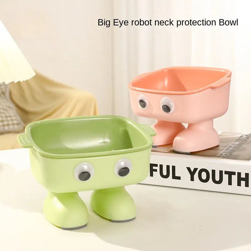 Green elevated cat bowl with cartoon robot design and 15° tilt angle