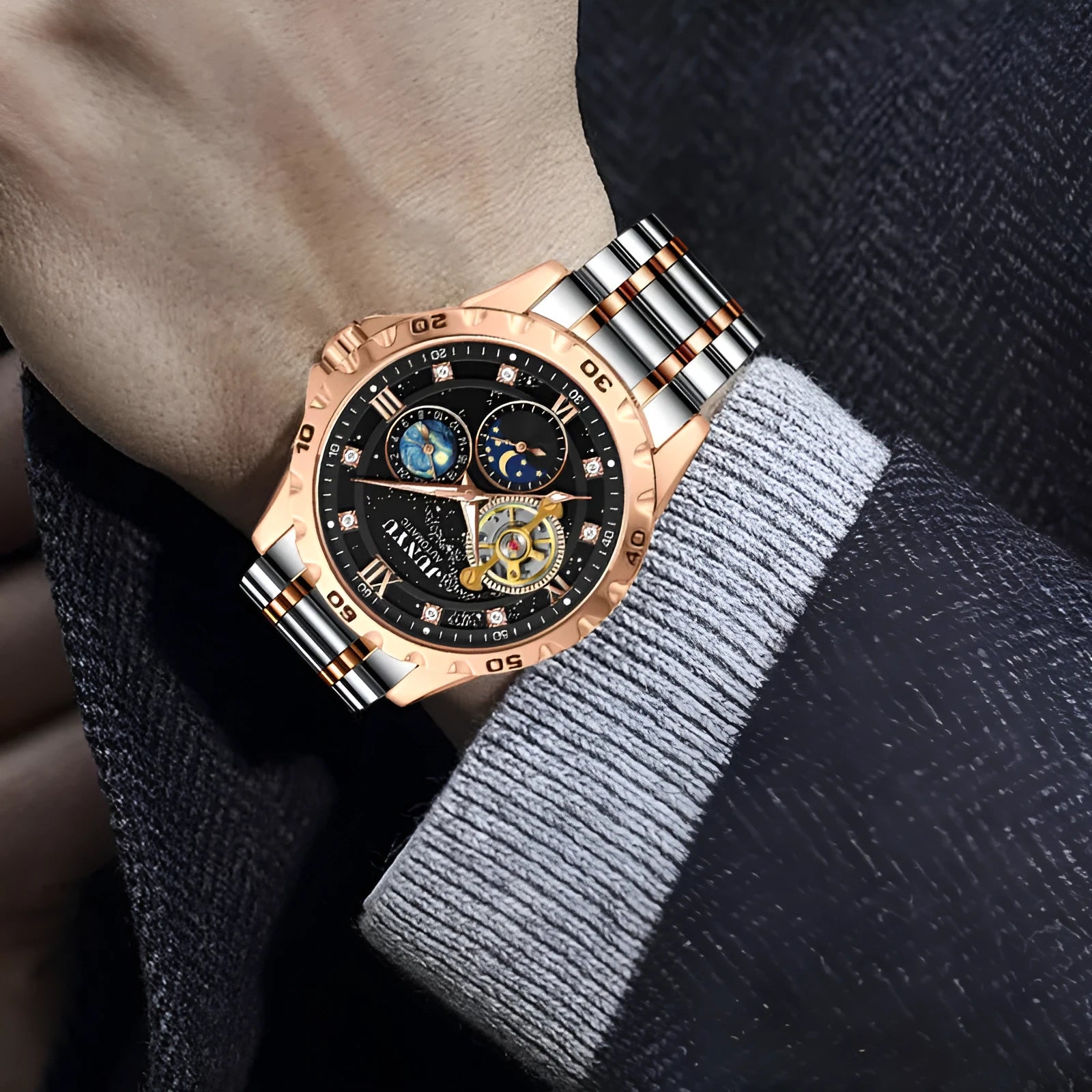 Men's automatic mechanical watch with luminous markers in rose gold, silver, or gold cases