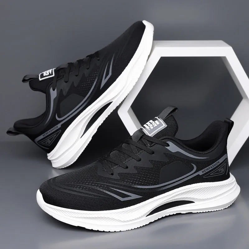 Men's black fly woven mesh casual shoes with round toe and rubber sole on a white background.