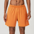 Men's quick-drying double-layer running shorts in khaki colour, showing mid-waist fit and shorts length.