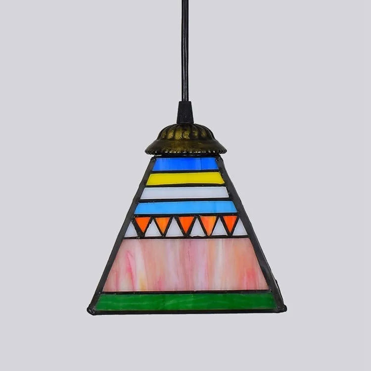Art stained glass small droplight pendant with coloured glass lampshade and iron ceiling plate
