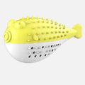 Blue silicone fish-shaped chew toy and teaser for cats on a white background.