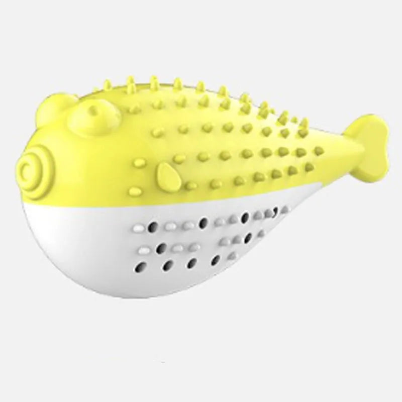 Blue silicone fish-shaped chew toy and teaser for cats on a white background.