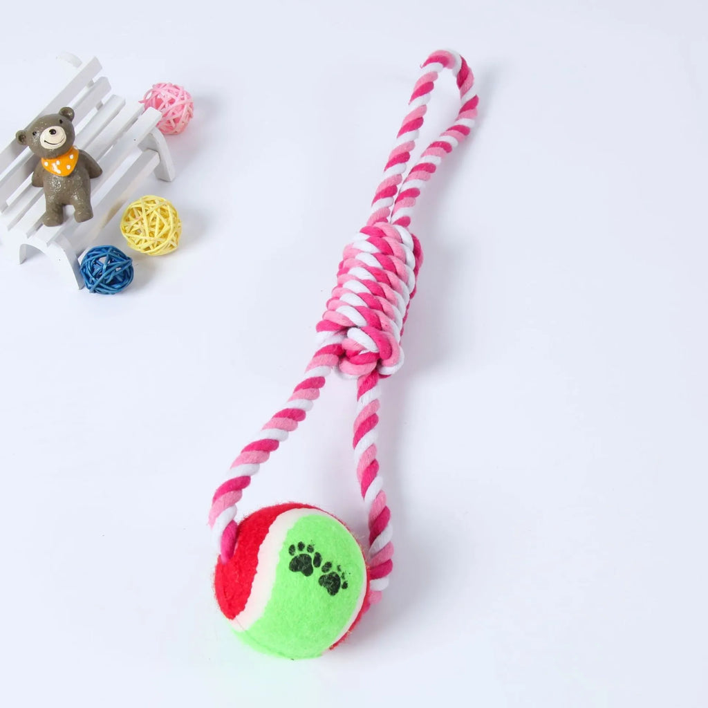 A long, braided red and white cotton rope dog toy for medium and large breeds.