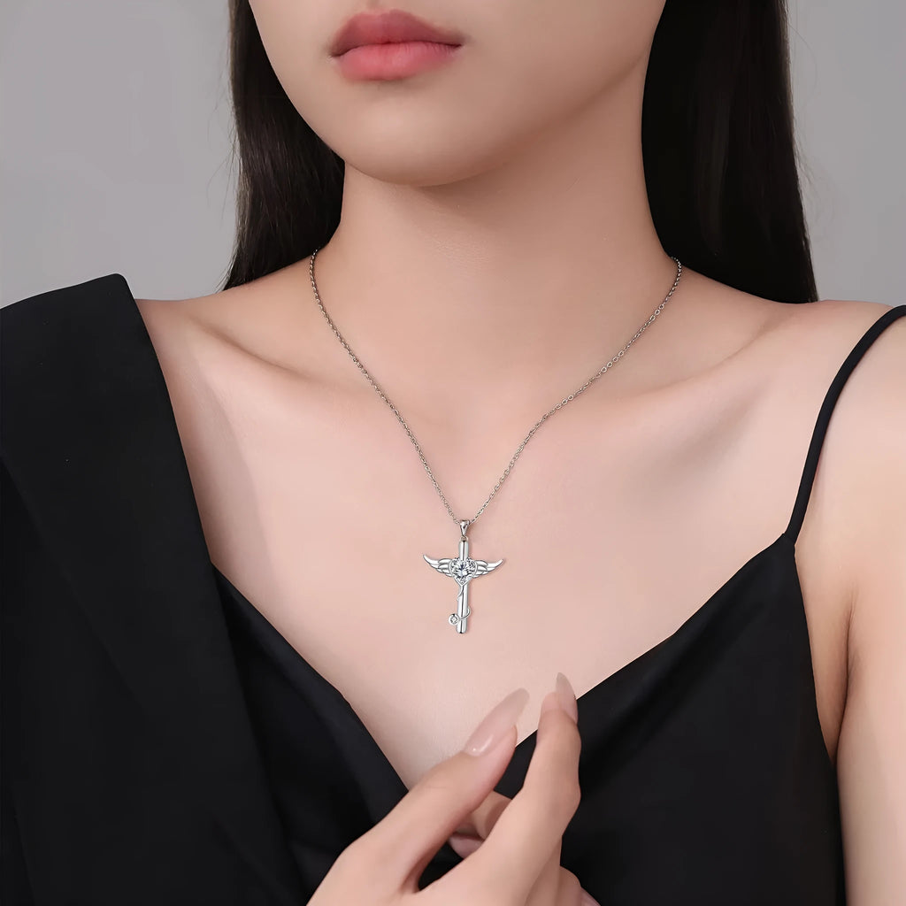 Personality wings cross stethoscope necklace in electroplated copper with red or white diamond finish