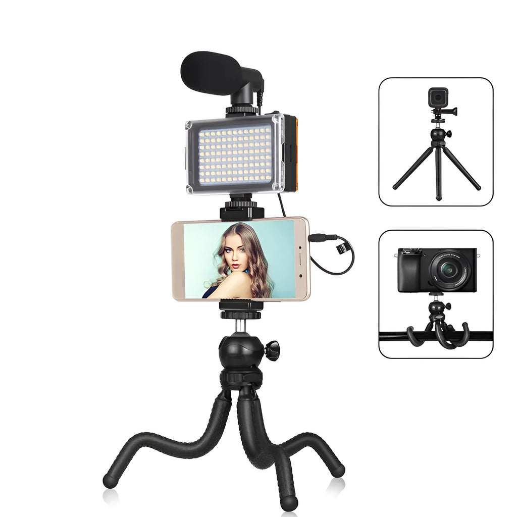 Black Octopus Yripod live broadcast kit with flexible legs, fill light, and microphone attached to a smartphone.