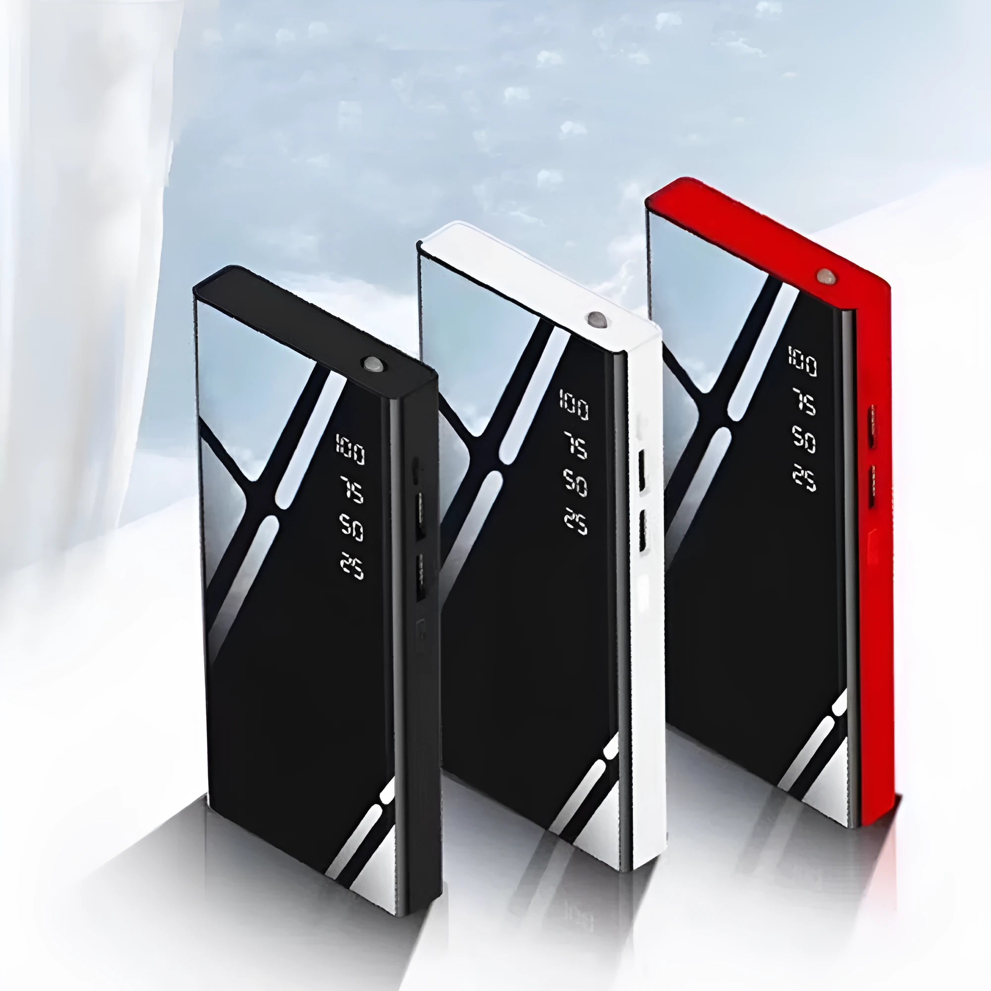 Black 20000mAh power bank with LCD display screen and dual USB ports.