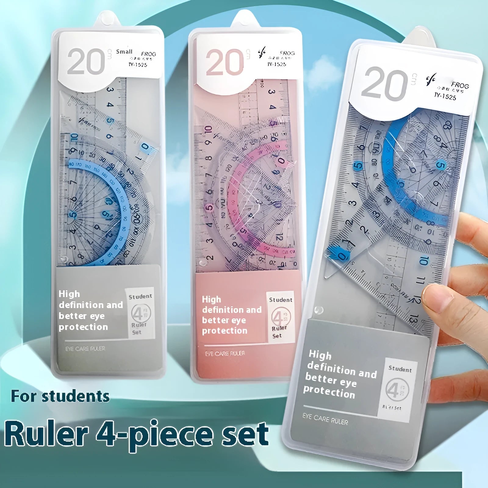 Transparent acrylic ruler set with square protractor for technical drawing and measurement